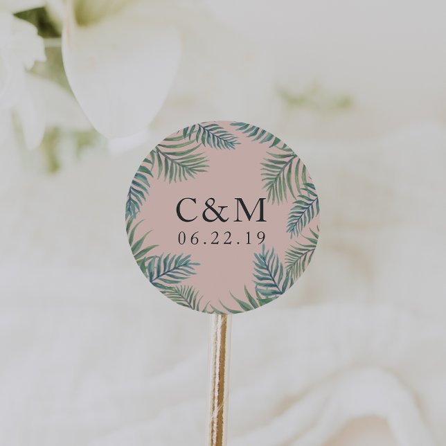 Tropical Foliage Wedding Monogram Classic Round Sticker (Creator Uploaded)