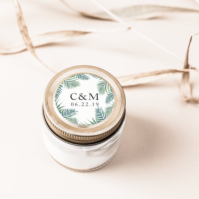 Tropical Foliage Wedding Monogram Classic Round Sticker (Creator Uploaded)