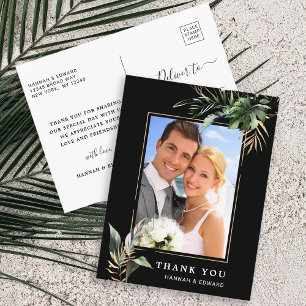 Tropical Foliage Wedding Photo Black Thank You Postcard
