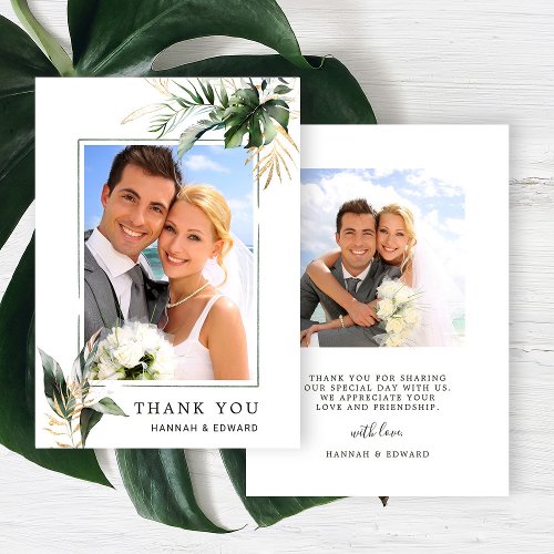 Tropical Foliage Wedding Photo Gold Green Thank You Card