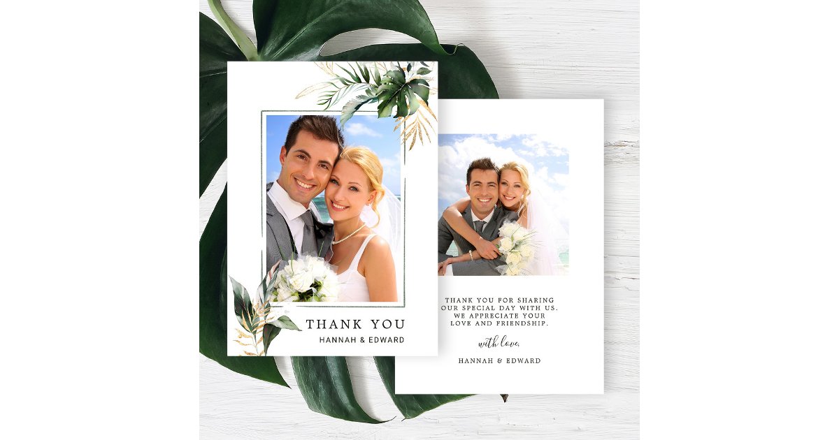 Tropical Foliage Wedding Photo Gold Green Thank You Card | Zazzle