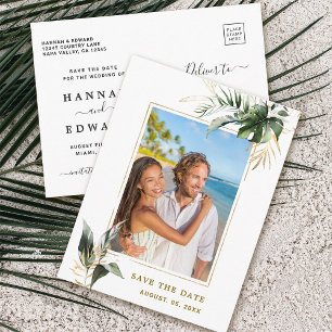 Tropical Foliage Wedding Photo Gold Save The Date Announcement Postcard