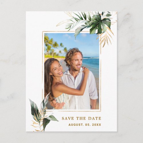 Tropical Foliage Wedding Photo Gold Save The Date Announcement Postcard
