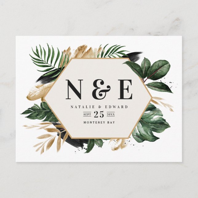 tropical foliage wedding save the date announcement postcard (Front)