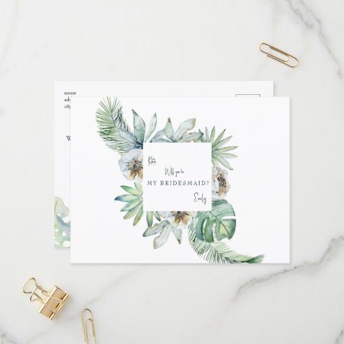 Tropical Foliage White Wedding Bridesmaid Proposal Invitation Postcard