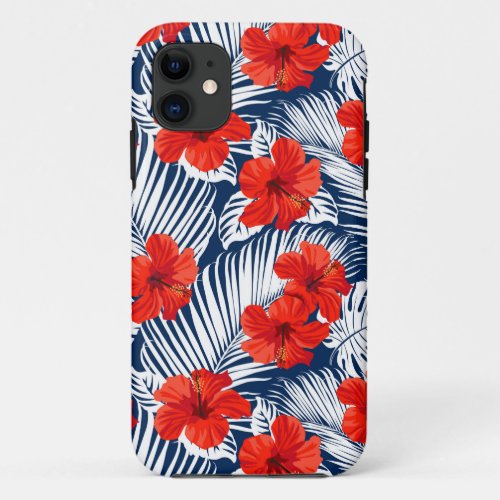 Tropical Foliage With Red Floral Hibiscus iPhone 11 Case