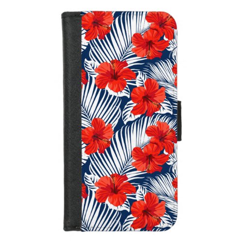 Tropical Foliage With Red Floral Hibiscus  Floral iPhone 87 Wallet Case