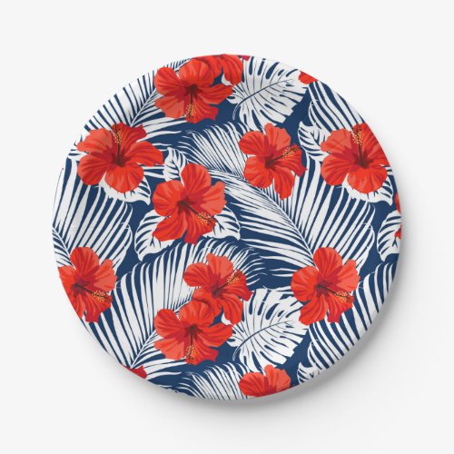 Tropical Foliage With Red Floral Hibiscus Paper Plates
