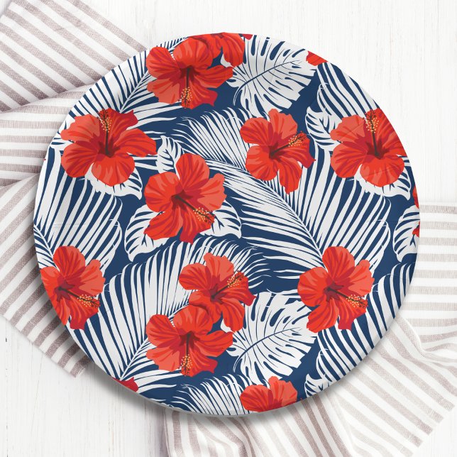 Tropical Foliage With Red Floral Hibiscus Paper Plates (Creator Uploaded)