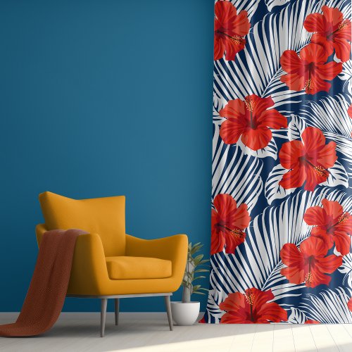 Tropical Foliage With Red Floral Hibiscus Pattern Blackout Curtains