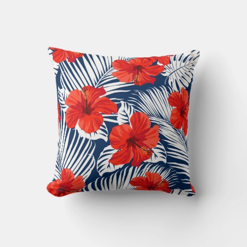 Tropical Foliage With Red Floral Hibiscus Throw Pillow