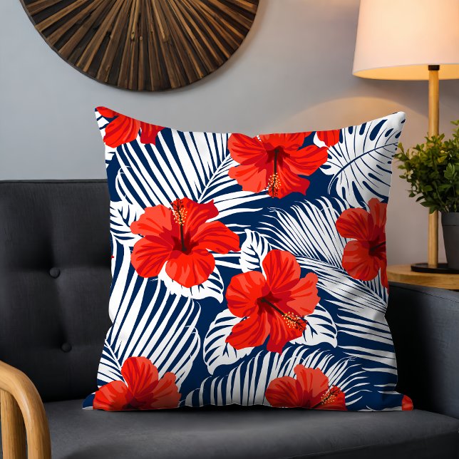 Tropical Foliage With Red Floral Hibiscus Throw Pillow (Creator Uploaded)