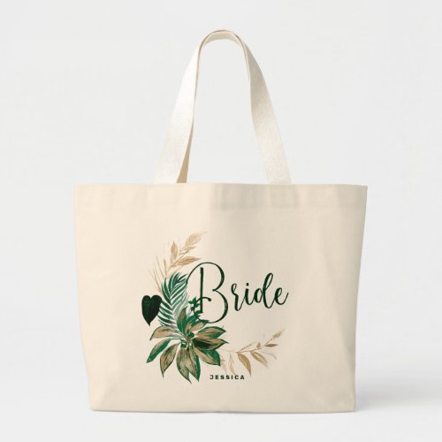 Tropical Foliage Wreath Greenery Gold Bride Large Tote Bag
