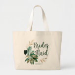 Tropical Foliage Wreath Greenery & Gold Bridesmaid Large Tote Bag<br><div class="desc">Tropical Foliage Trendy Greenery and Gold Wreath Personalized Bridesmaid Tote Bags - with tropical leaf wreath. A fun bridal party gift idea, or to hold all the wedding swag for your bridesmaids, in a bold color palette of rich greens, emerald, and gold. This design is perfect for a beach, destination,...</div>