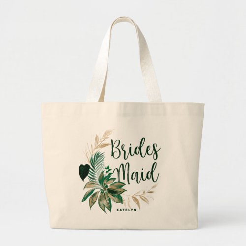 Tropical Foliage Wreath Greenery  Gold Bridesmaid Large Tote Bag