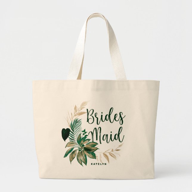 Tropical Foliage Wreath Greenery & Gold Bridesmaid Large Tote Bag (Front)