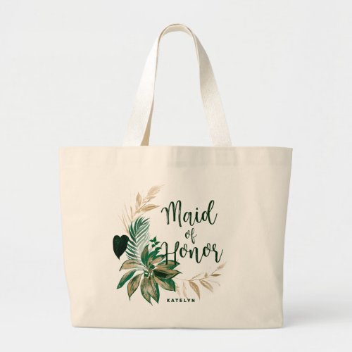Tropical Foliage Wreath with Gold Maid of Honor Large Tote Bag
