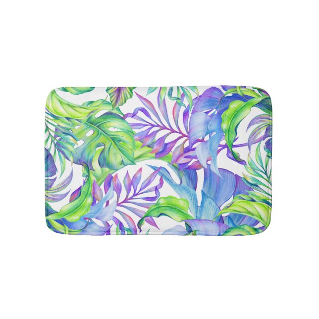 Tropical Foliage Yellow Pink Green Blue Lavender Bathroom Mat (Front)