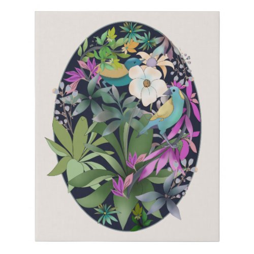 Tropical forest art with flowers and birds faux ca faux canvas print