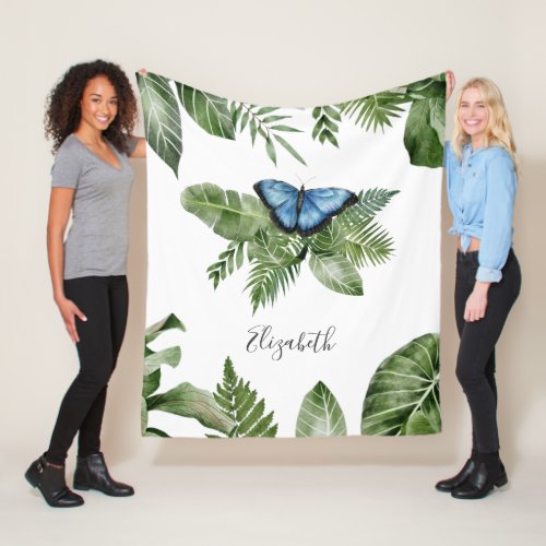 Tropical Forest Blue Butterfly Personalized Name Fleece Blanket