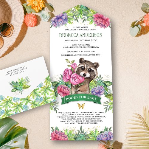Tropical Forest Cute Floral Raccoon Baby Shower All In One Invitation