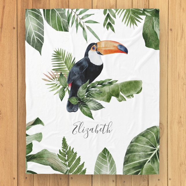 Tropical Forest Cute Toucan Personalized Name Fleece Blanket (Creator Uploaded)