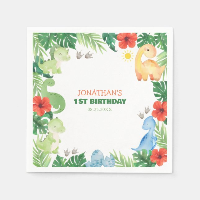 Tropical Forest Dinosaur Kids Birthday Napkins (Front)