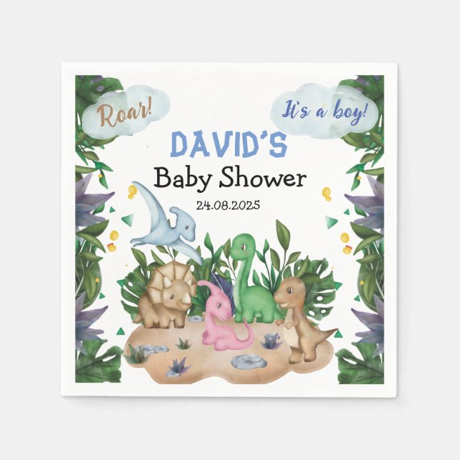 Tropical Forest Dinosaurs Boy Baby Shower Napkins (Front)