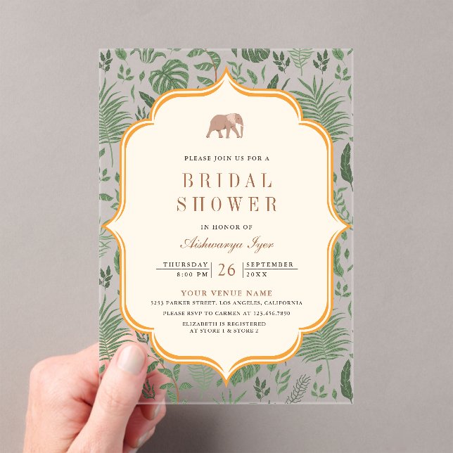 Tropical Forest Elephant Indian Bridal Shower Acrylic Invitations (Insitu (Handheld))