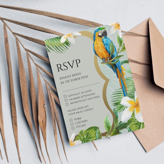 Tropical Forest Gold Floral Parrot Plumeria RSVP Card (Creator Uploaded)