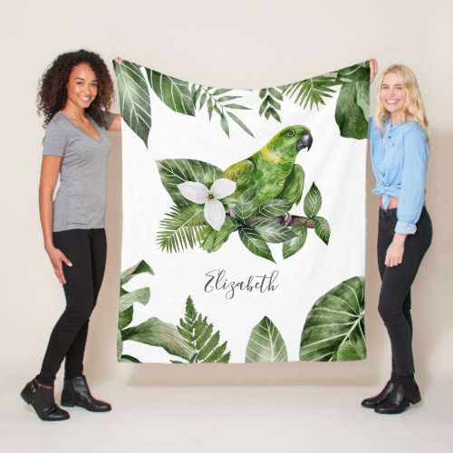 Tropical Forest Green Parrot Personalized Name Fleece Blanket