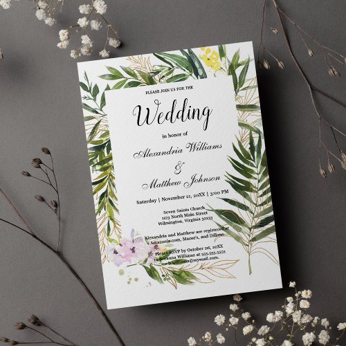 Tropical forest green pink  gold foliage Wedding Invitation