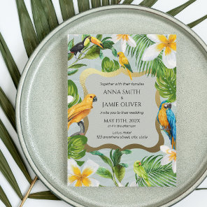 Tropical Forest Greenery Parrots Plumeria Wedding Invitation