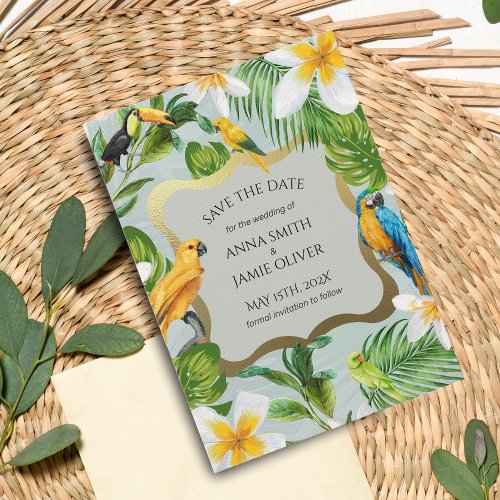 Tropical Forest Greenery Parrots Plumeria Wedding Save The Date