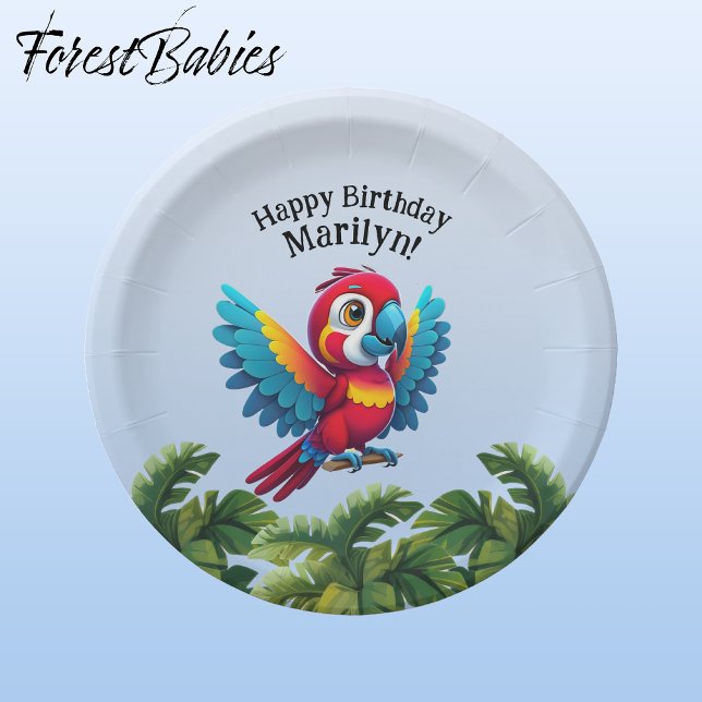Tropical Forest Jungle Macaw Safari Parrot Bird Paper Plates (Macaw Parrot 🌴 Tropical Bird ForestBabies Customizable Birthday Party Animal 7" Paper Plates)