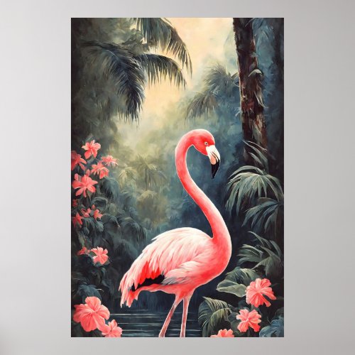 Tropical Forest Pink Flamingo Vintage Poster