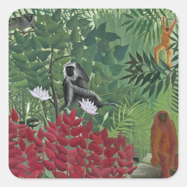 Tropical Forest with Monkeys, 1910 (oil on canvas) Square Sticker (Front)