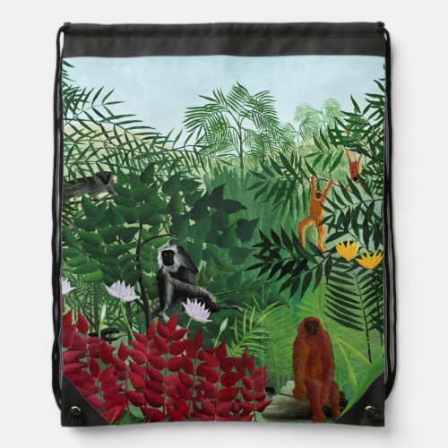 Tropical Forest with Monkeys by Henri Rousseau Drawstring Bag