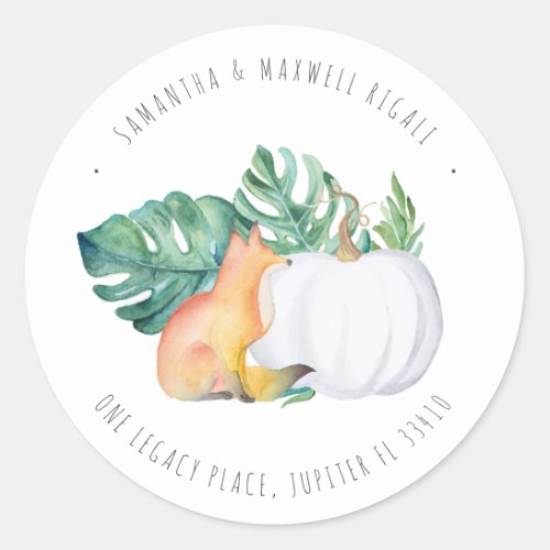 Tropical Fox and White Pumpkin Return Address Classic Round Sticker