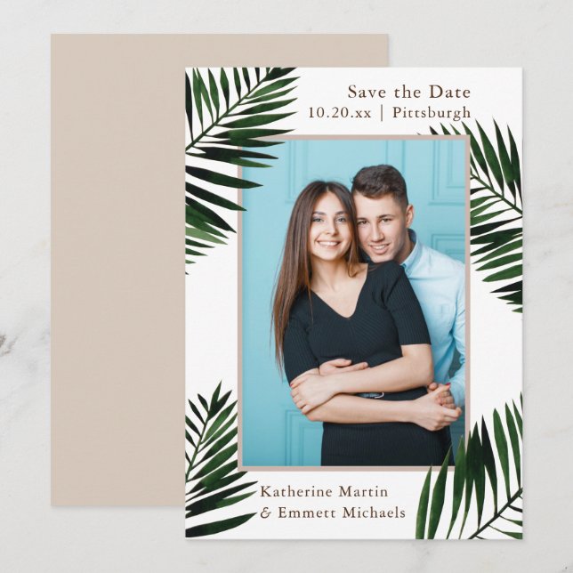 Tropical Frame Beige Wedding Save the Date Photo (Front/Back)