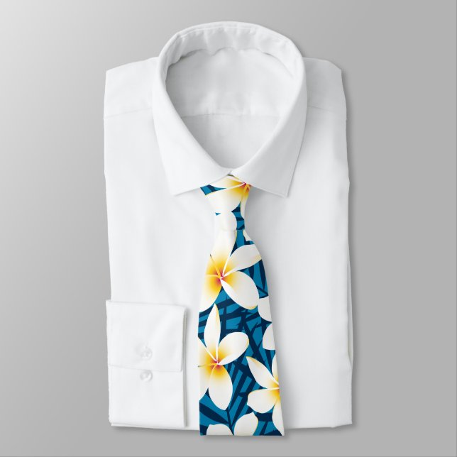 Tropical frangipani flowers neck tie (Tied)