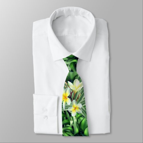 Tropical frangipani plumeria palm monstera neck tie