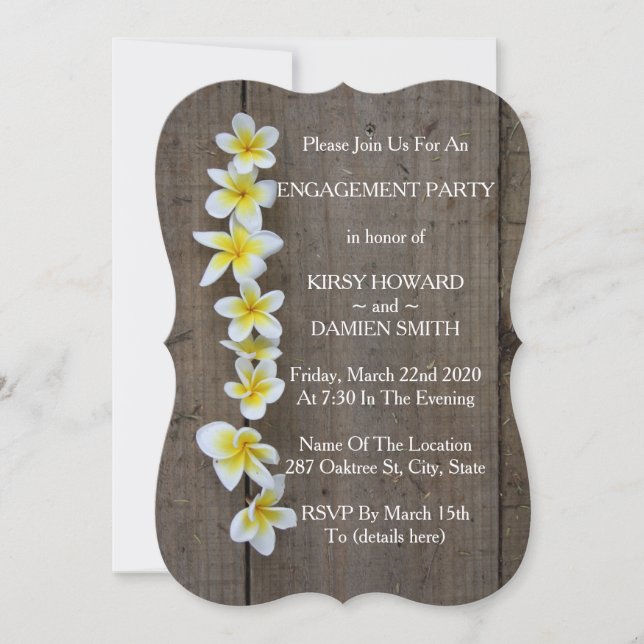 Tropical Frangipani Rustic Engagement Party Invite (Front)