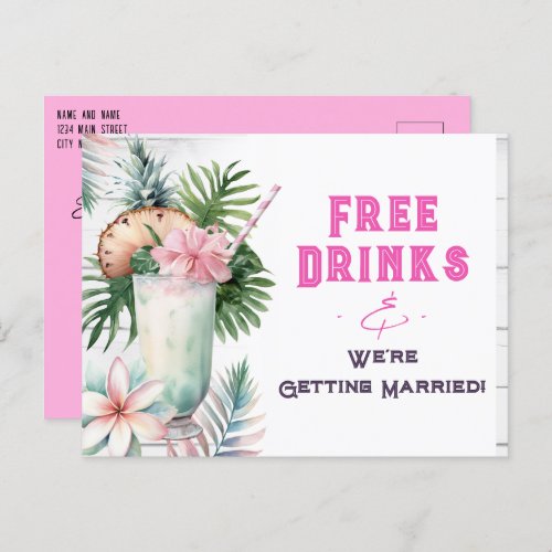 Tropical Free Drinks Wedding Save the Date Postcard