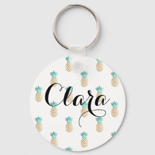 tropical fresh summer faux gold pineapple pattern keychain