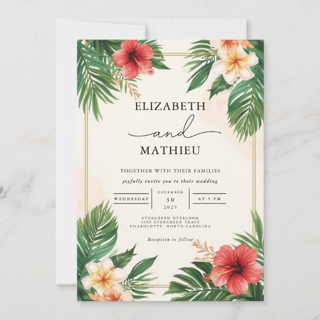 Tropical Frond Bloom Flourish Wedding Invitation (Front)