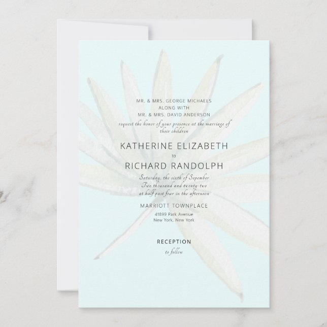 Tropical Frond Ice Blue Both Parents Wedding Invitation (Front)