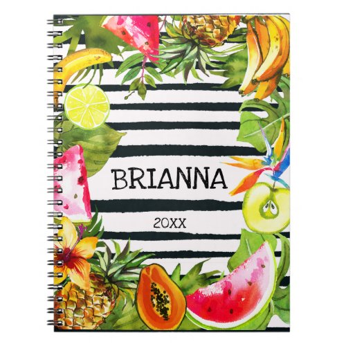Tropical Fruit and Flowers on Black Stripes Notebook
