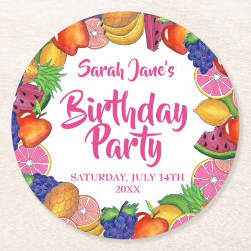 Tropical Fruit Banana Watermelon Birthday Party Round Paper Coaster