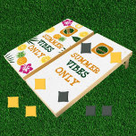 Tropical Fruit Beach House Retro Fun Custom Summer Cornhole Set<br><div class="desc">Bring bold retro charm to your backyard BBQs, beach house weekends, or family gatherings with this customizable “Summer Vibes Only” tropical game design. Set on rustic white wood, it features playful orange and green geometric typography with stylized lemons, pineapples, and hibiscus flowers for a cheerful summer look. Personalize the layout...</div>